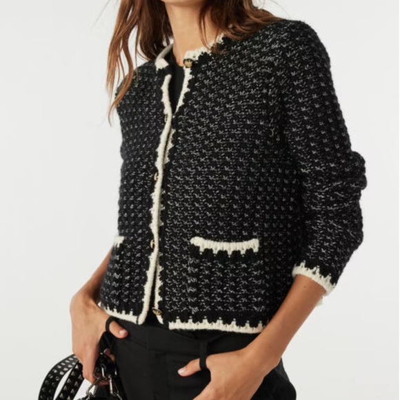 SWEATER- BA&SH Black & White Knit Cardigan - Picture 3 of 7